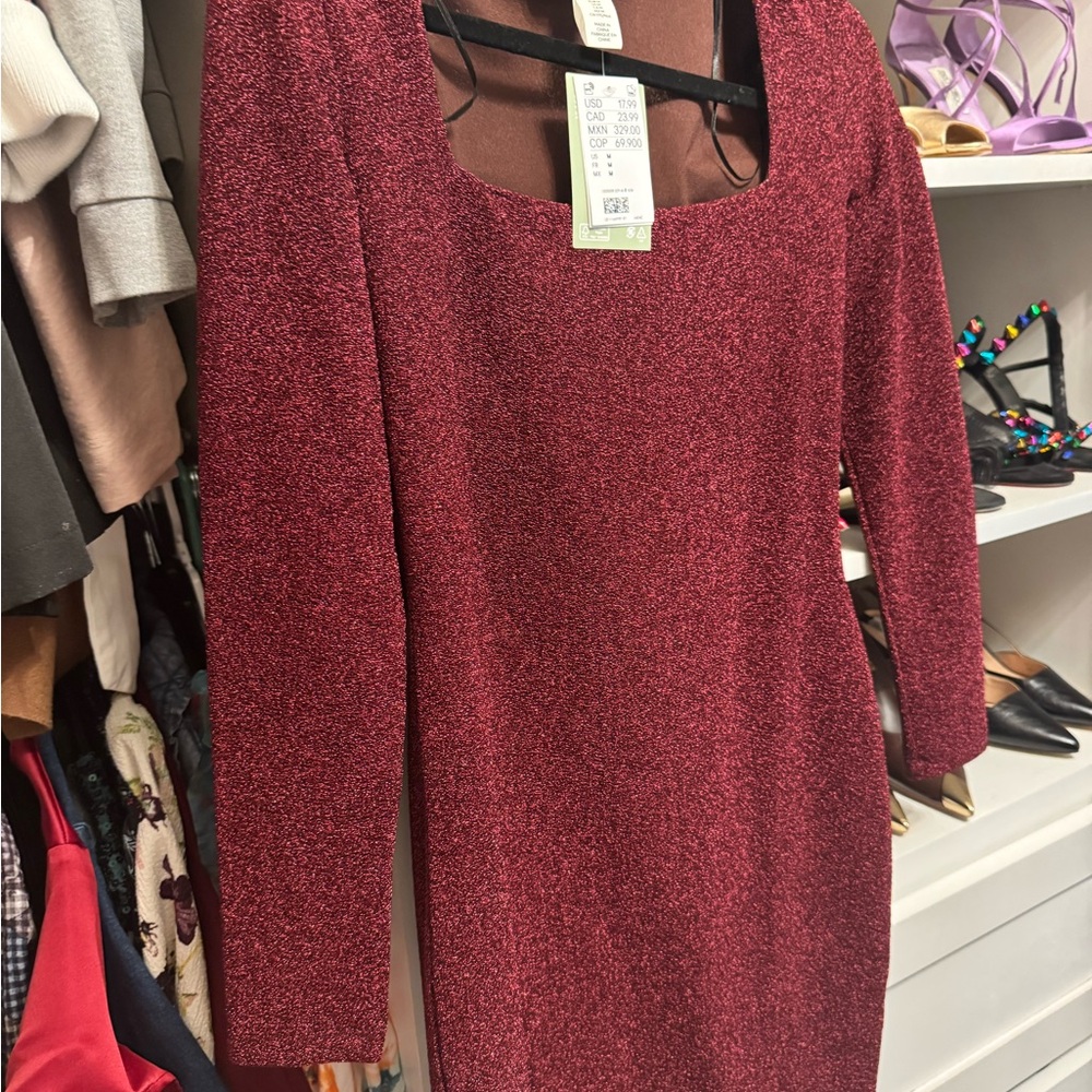 H&M Sparkling Burgundy Long Sleeve Dress